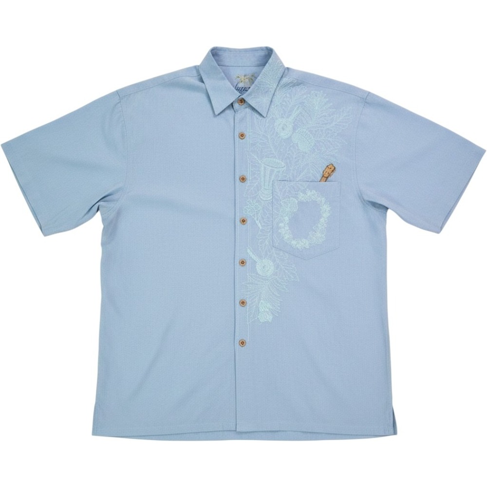 Bamboo Cay Embroidered Guitar Tropical Camp Shirt Blue Mens M Modal
